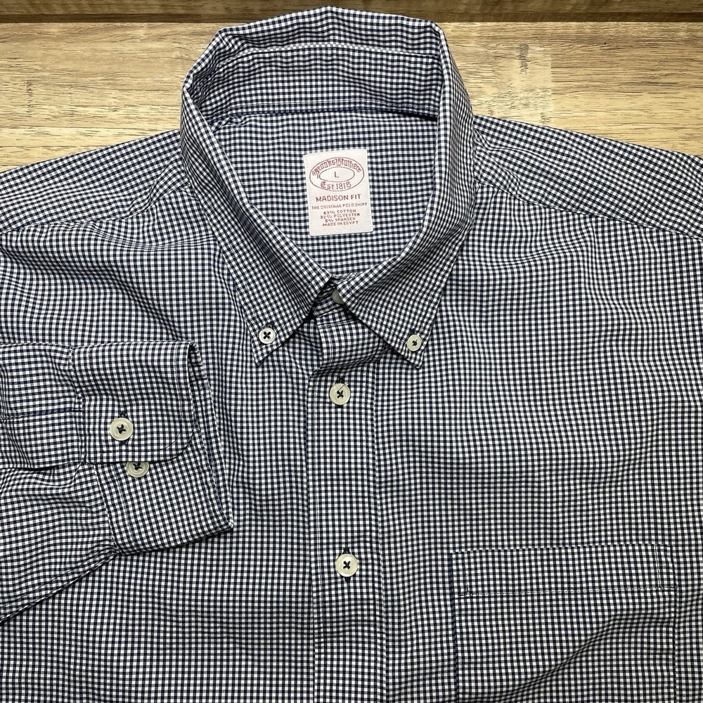 Brooks‎ Brothers Poly Blend Button Down Long Sleeve Shirt Mens L Gingham Blue